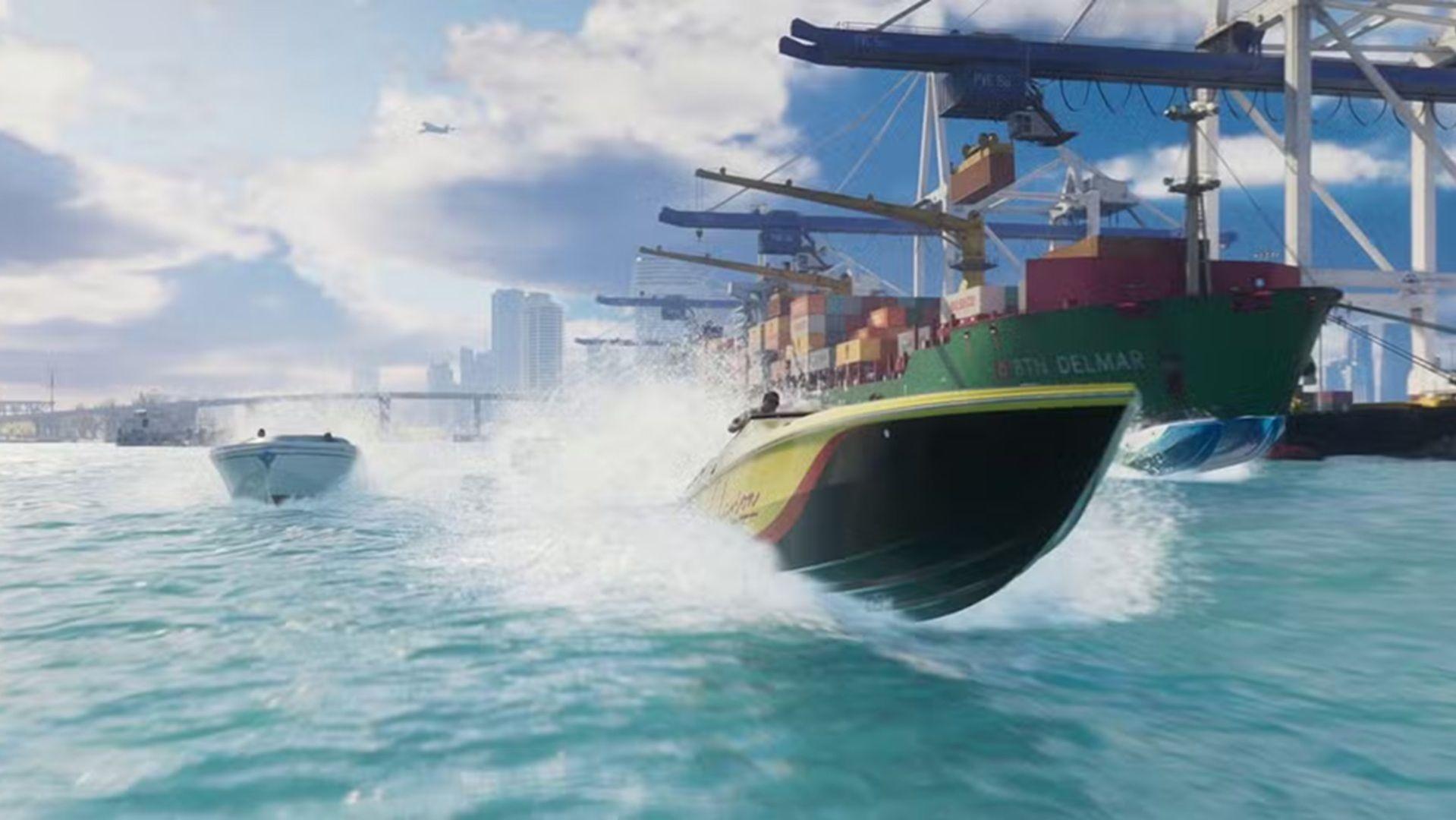 A still from Trailer 2 showing the Vice City skyline from a boat