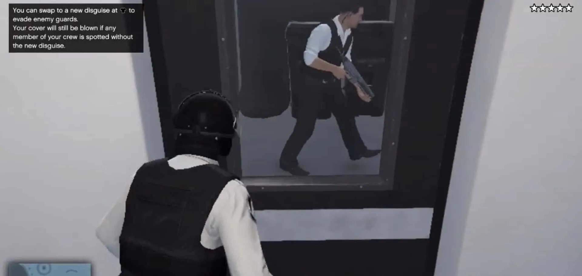 Waiting as the second guard passes by the door