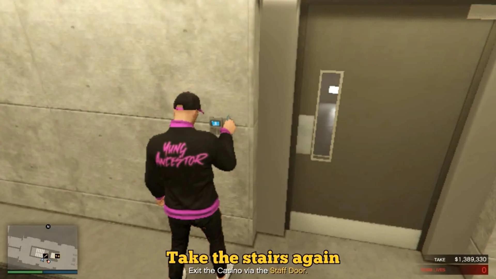 Swiping the keycard on the door leading to the stairs