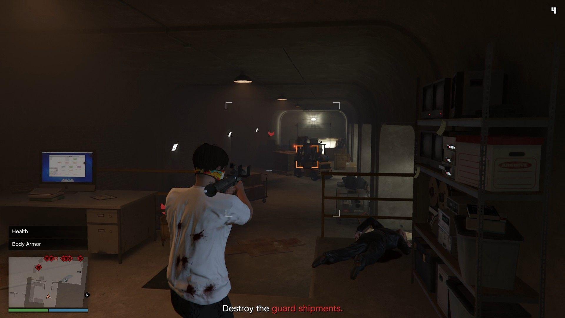 Destroying the guard shipments inside the warehouse.