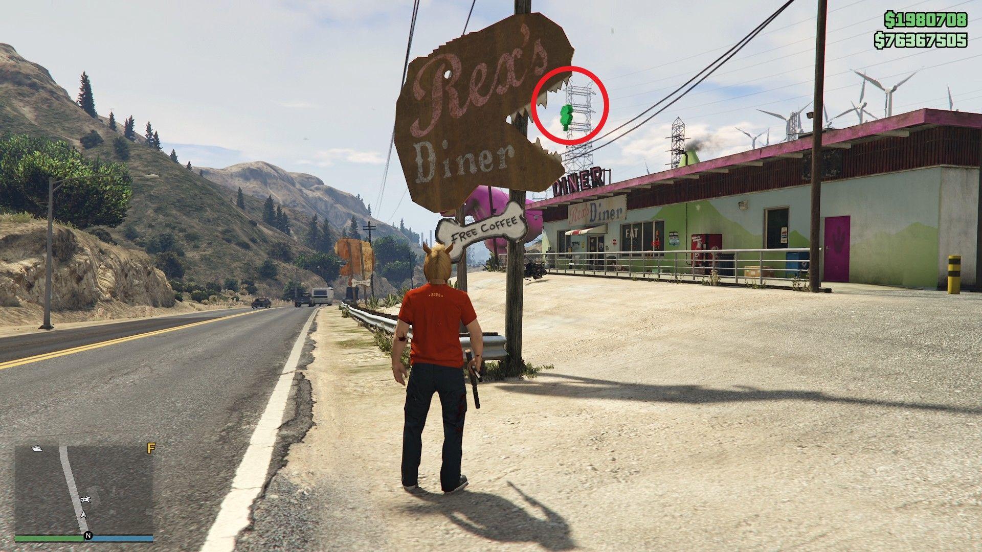 The lucky clover is hanging on the sign of Rex's Diner in Davis Quartz.