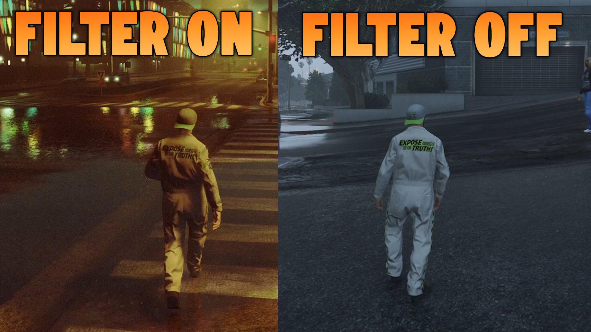 How it looks in GTA Online with the Halloween filter on and off.