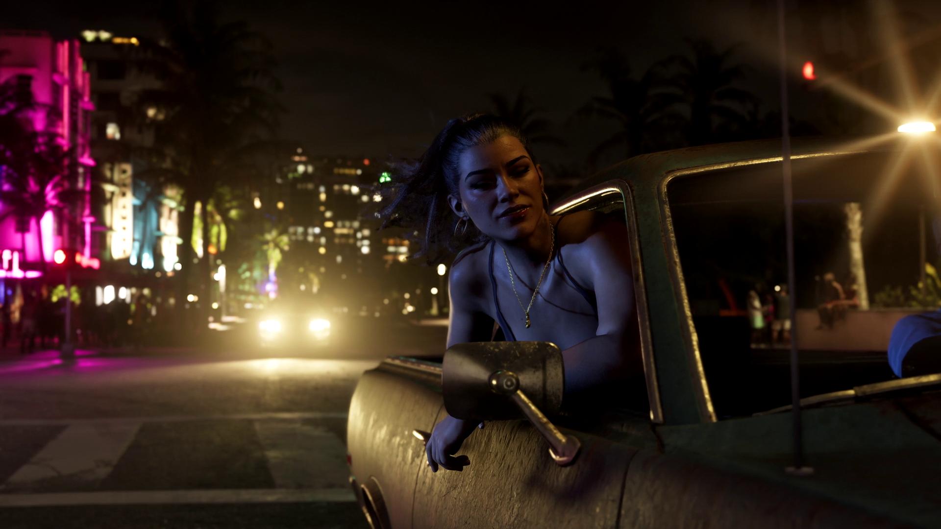 Lucia leaning out of the Vapid Creado as seen in a short video on the official GTA 6 promotional website.