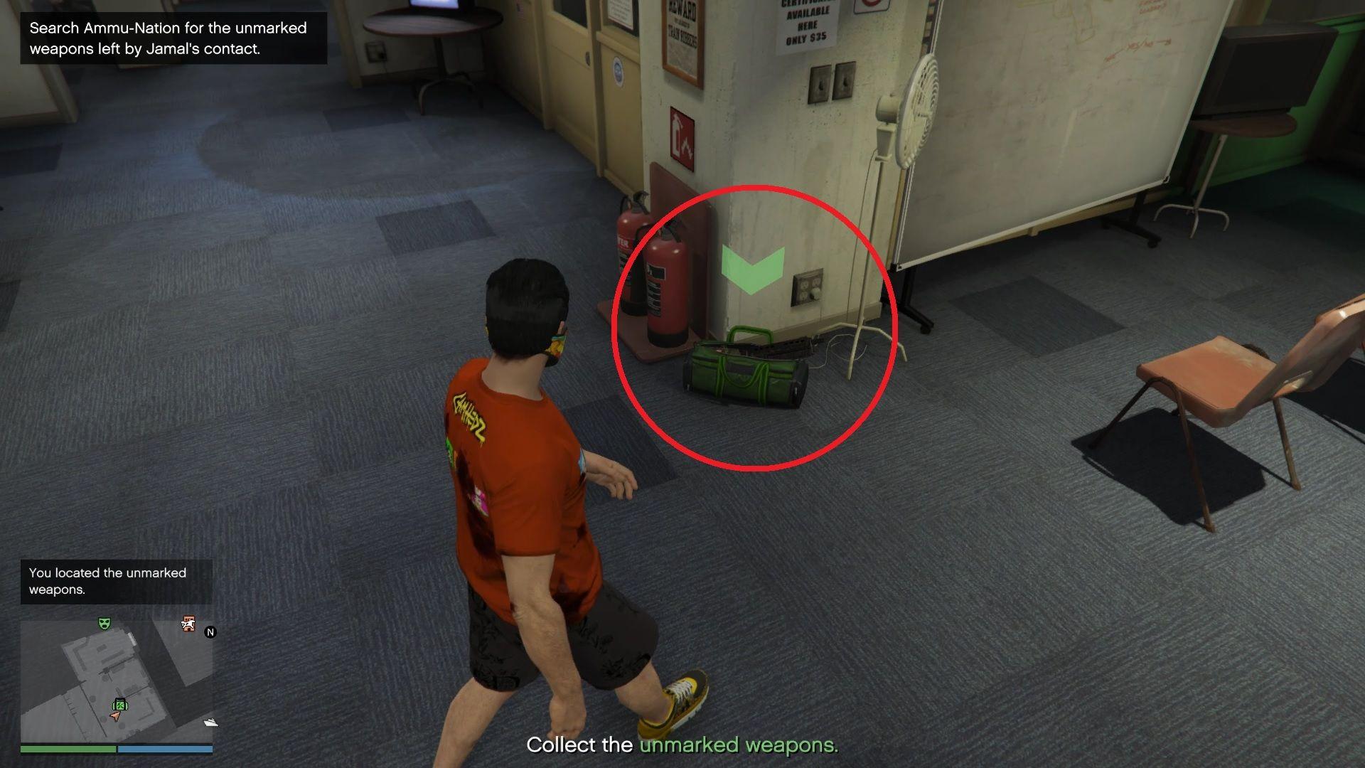 Green duffle bag with the unmarked weapons.