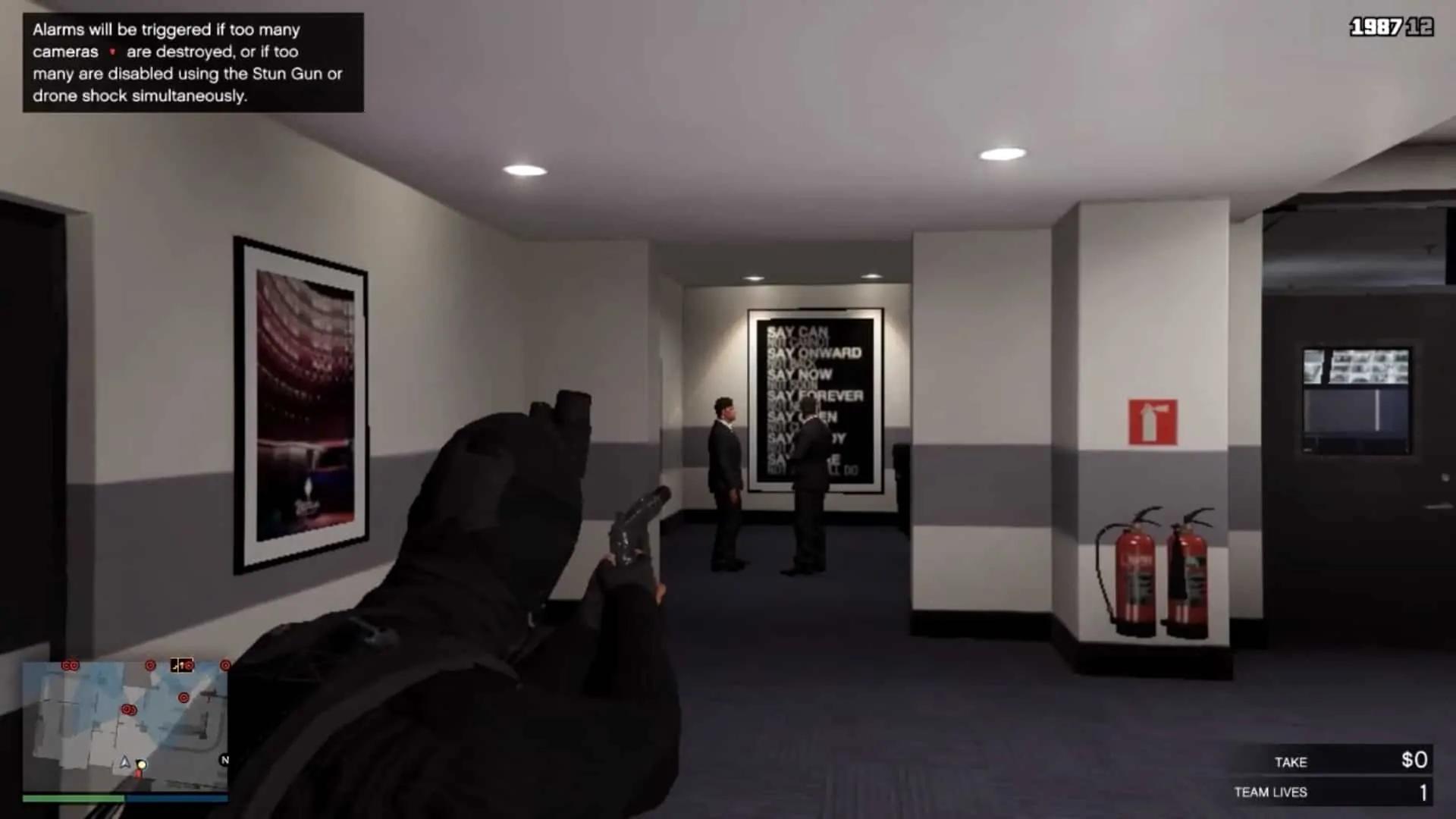 Two guards chatting to your right after taking out the camera