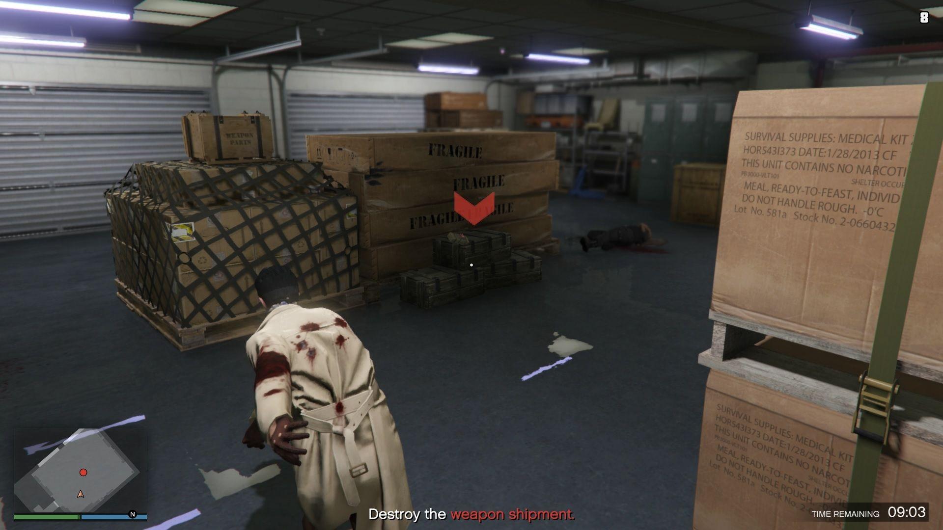 Using a sticky bomb to destroy the weapon shipment inside the lockup.