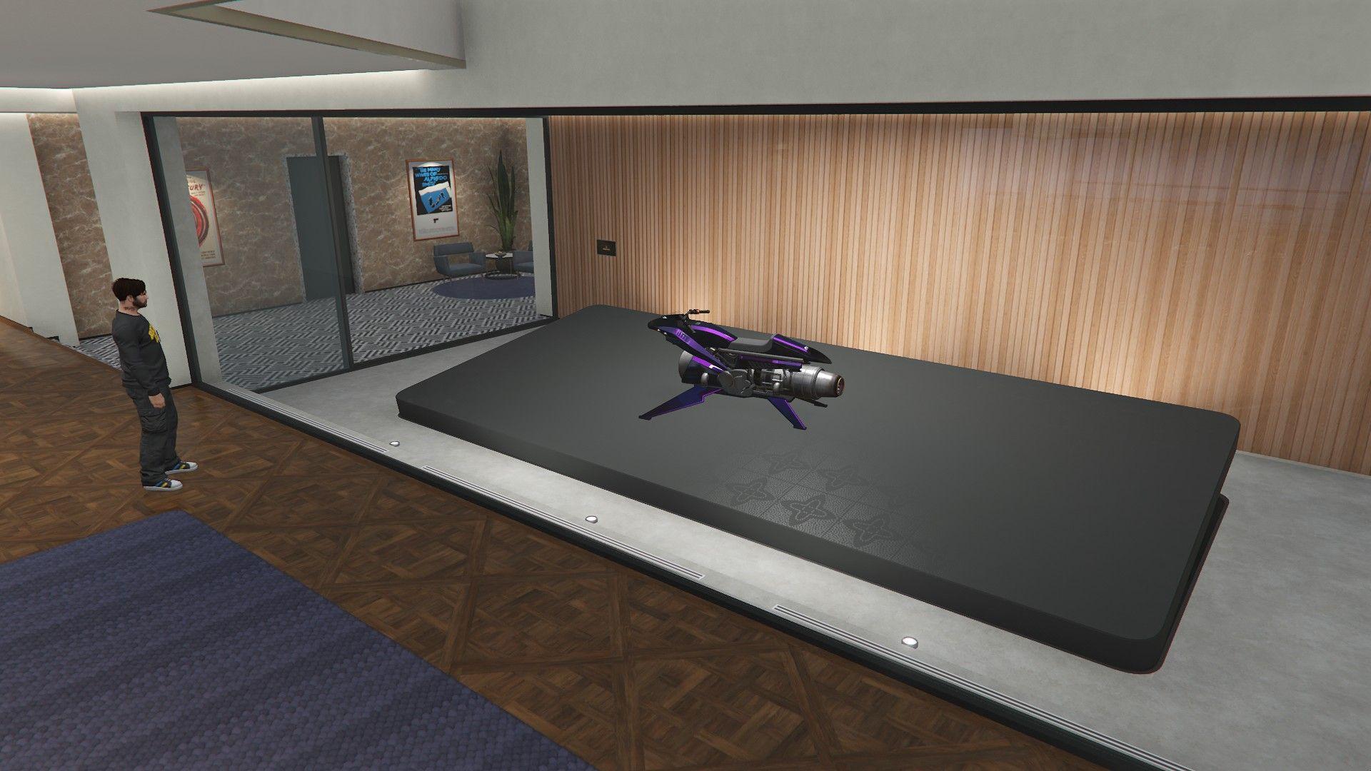 Indoor podium where an Oppressor Mark II is displayed.