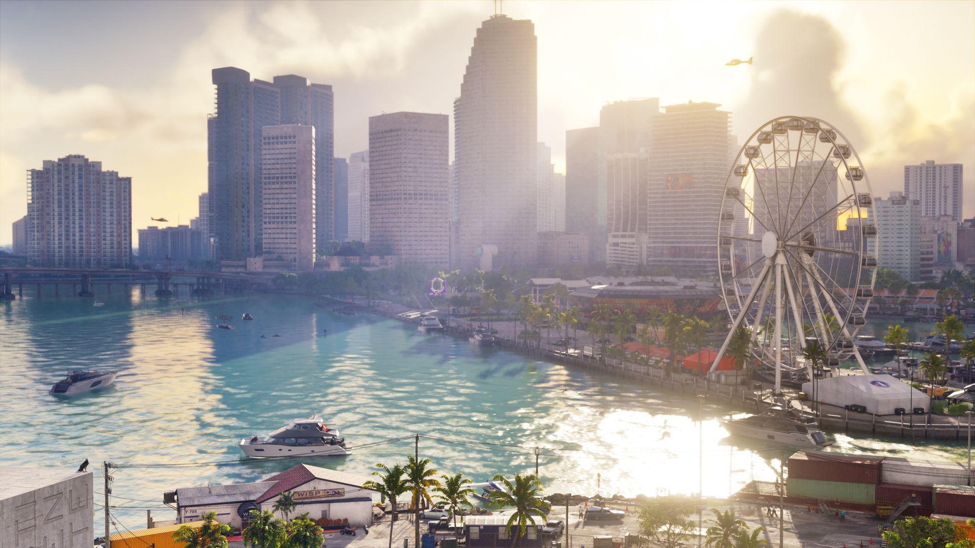 Vice City's waterfront, from the Ferris wheel to the boats crossing the bay.