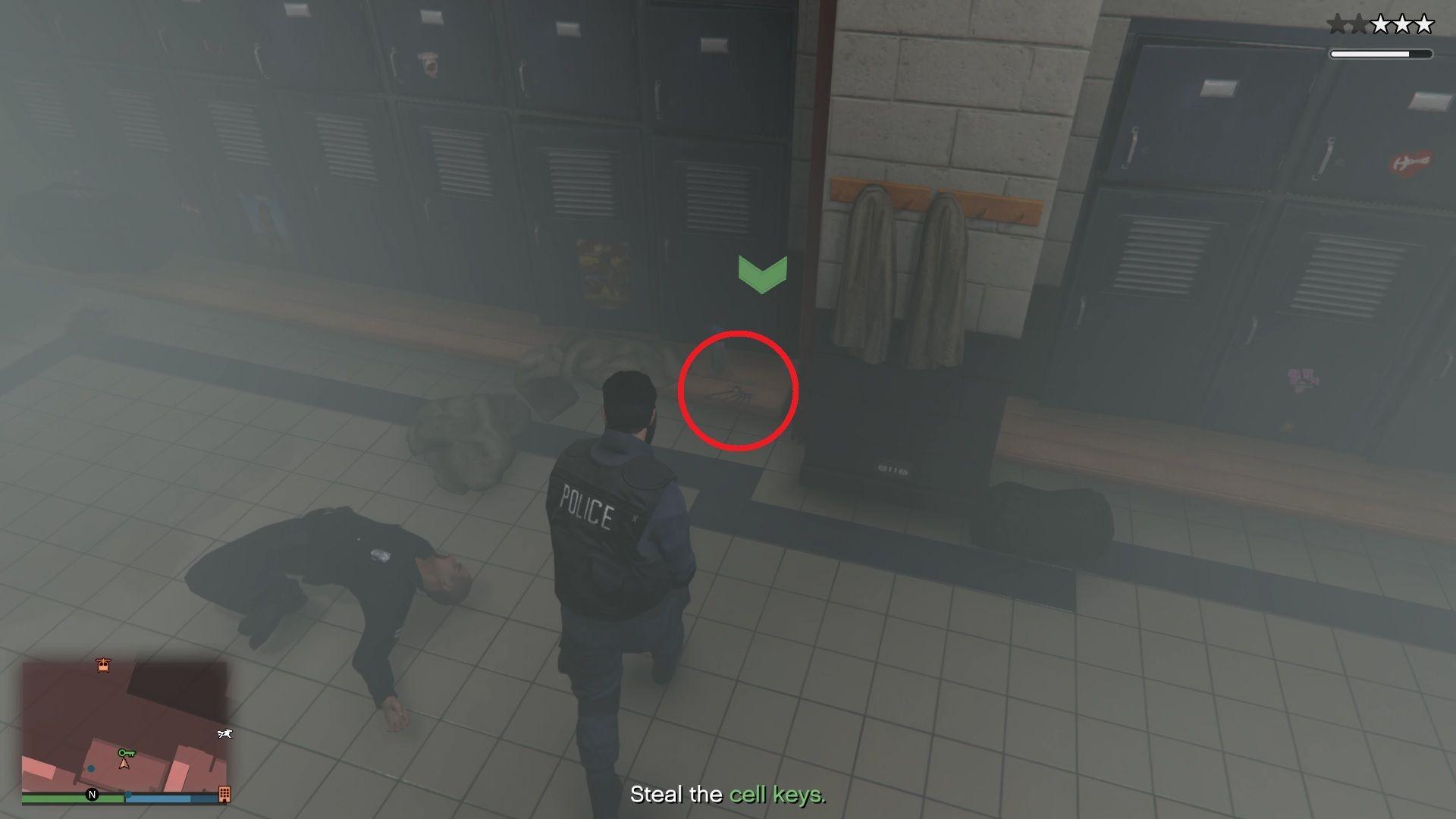 We found the cell keys on a bench inside the locker room.