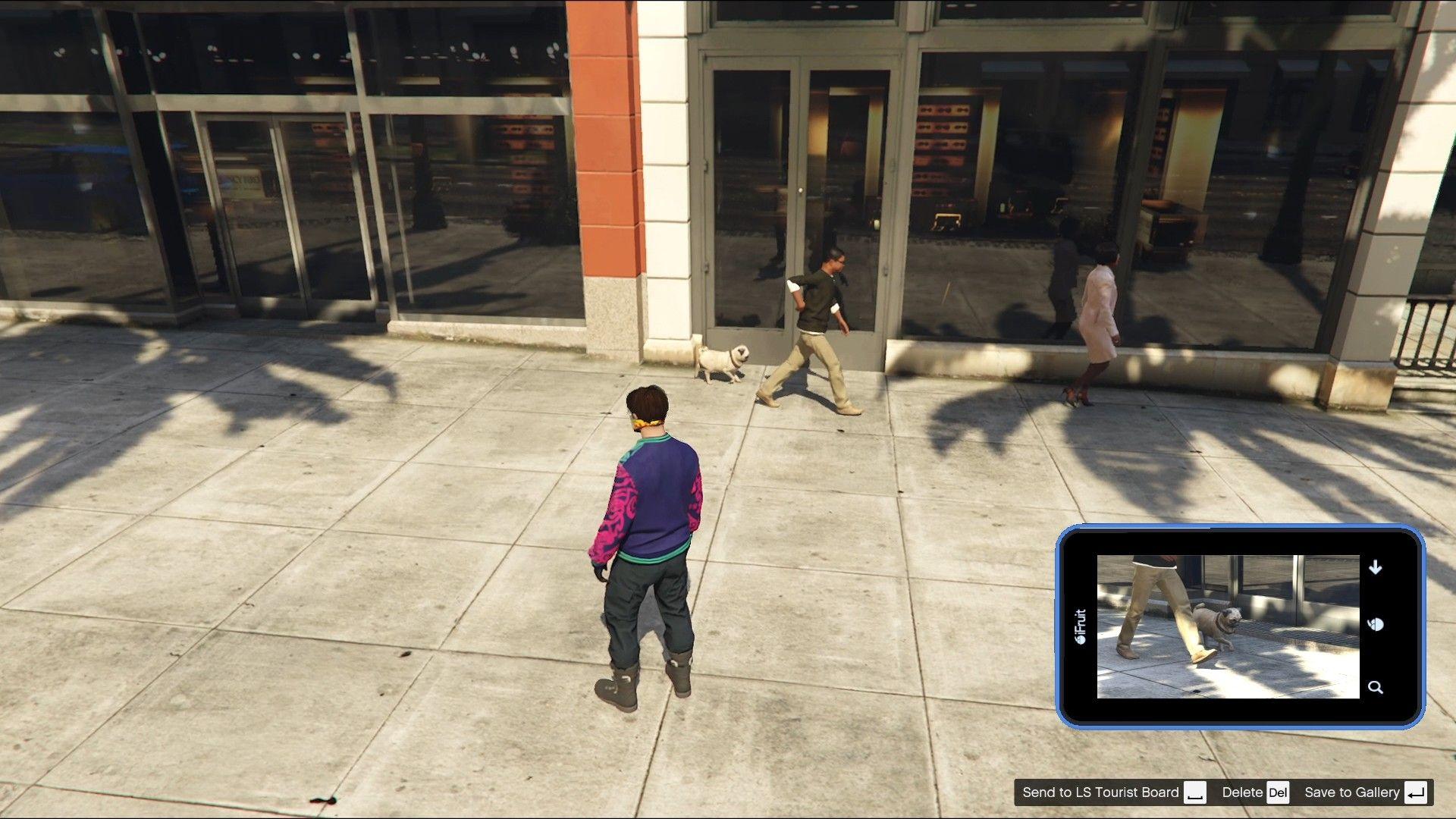 A pug with its owner on the streets of Rockford Hills.