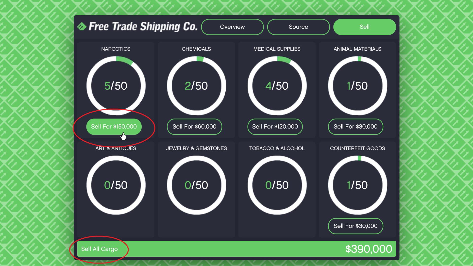 You can either sell one product type or all available cargo. It can be used in your favor to rotate between two cargo types and get 25 of each (for example, Narcotics and Chemicals), and sell all (50 crates in total) to maximize your profits and work optimally.