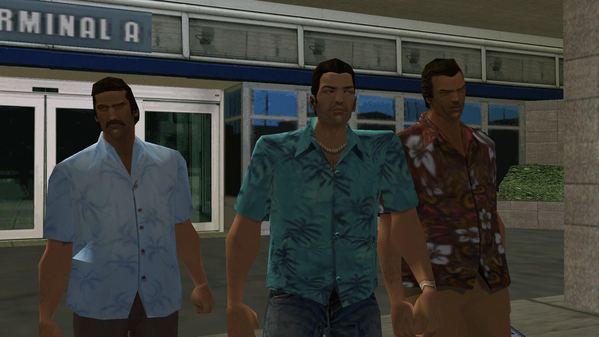 Tommy Vercetti arrives in Vice City with Harry and Lee.