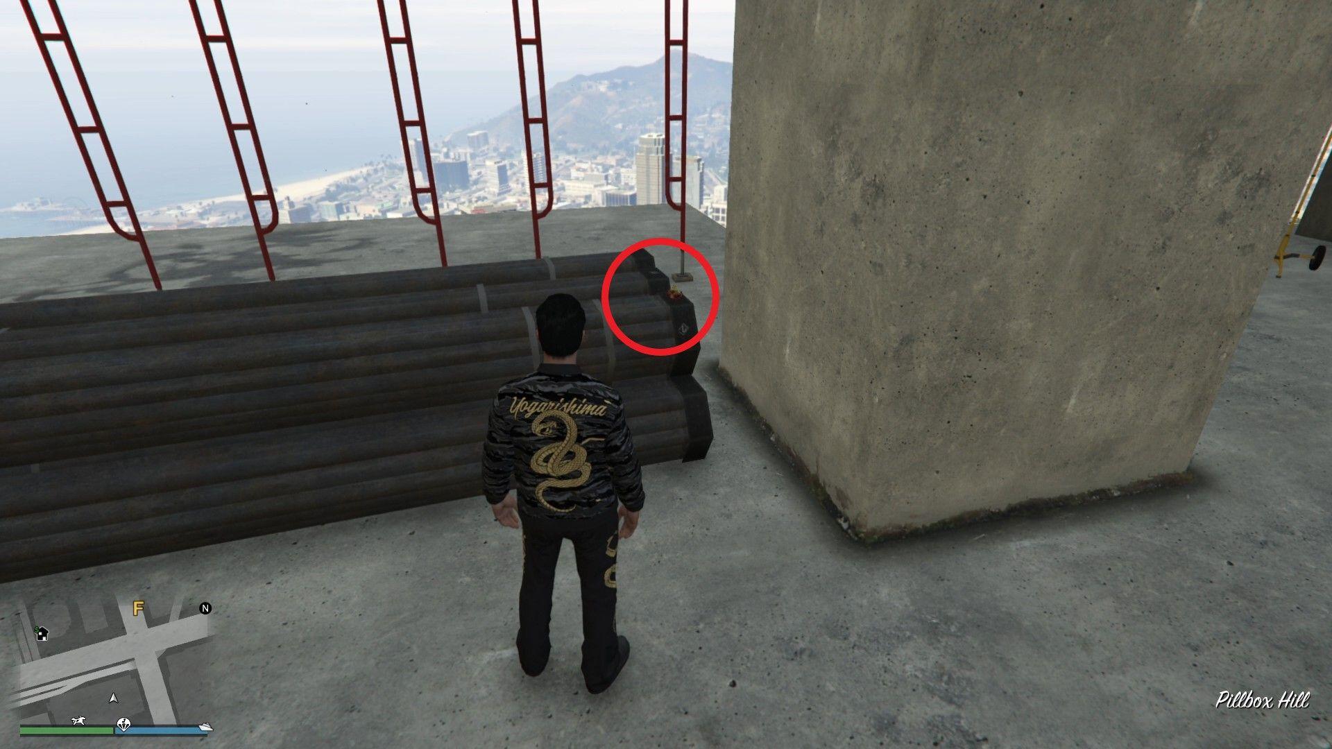 The Yuanbao on the pipes on the second last floor of the Mile High Club skyscraper.