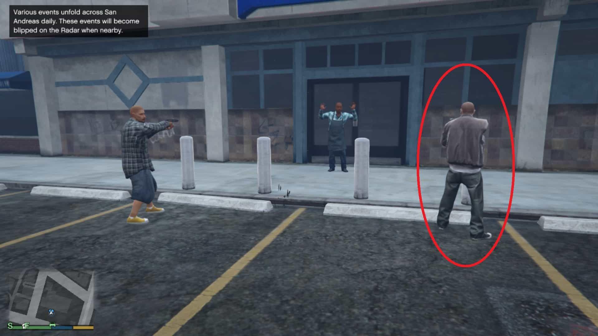 Packie (circled in Red) and his friend holding the drug store owner at gunpoint