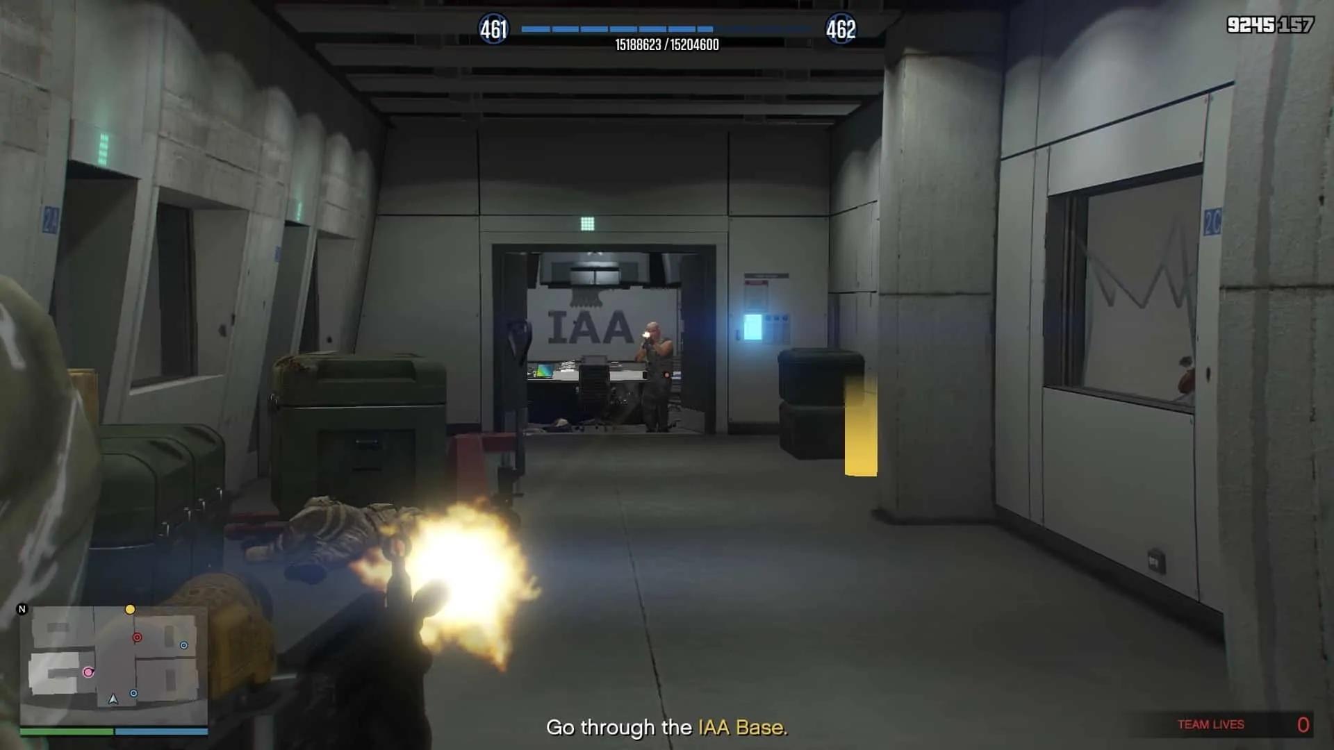 Soldiers coming through the double door at the end of the hallway