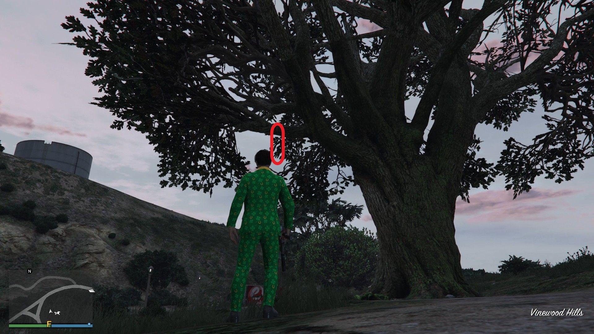 The golden clover will be hanging from a branch of a large tree in Vinewood Hills.