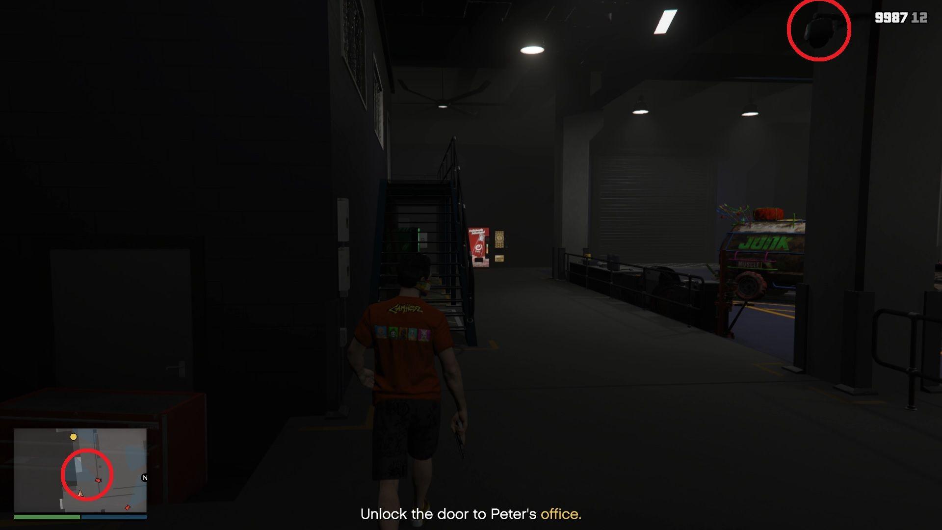 Security camera overlooking the stairs leading up to Peter's office.