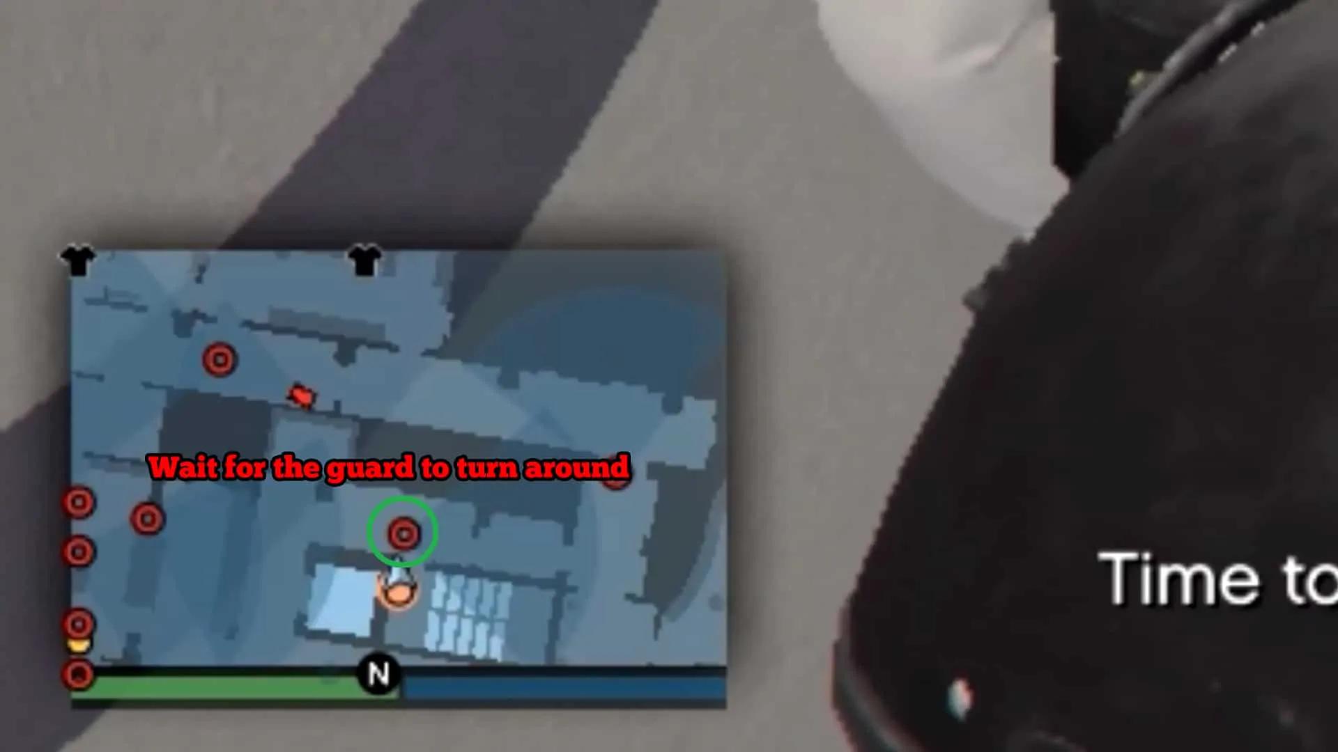 You need to wait for the first guard (the green circle) to turn around so you can exit through the door