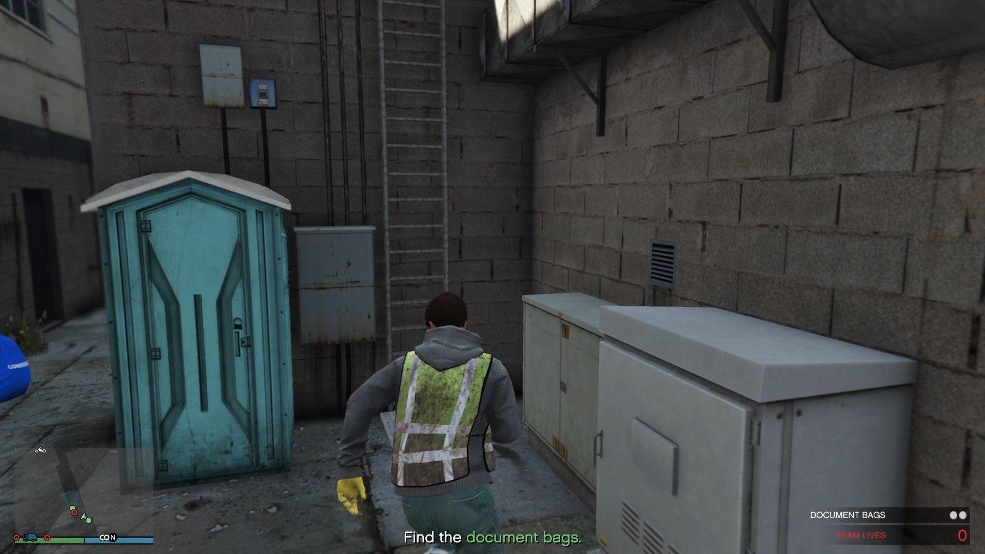 The ladder at the end of the alleyway.