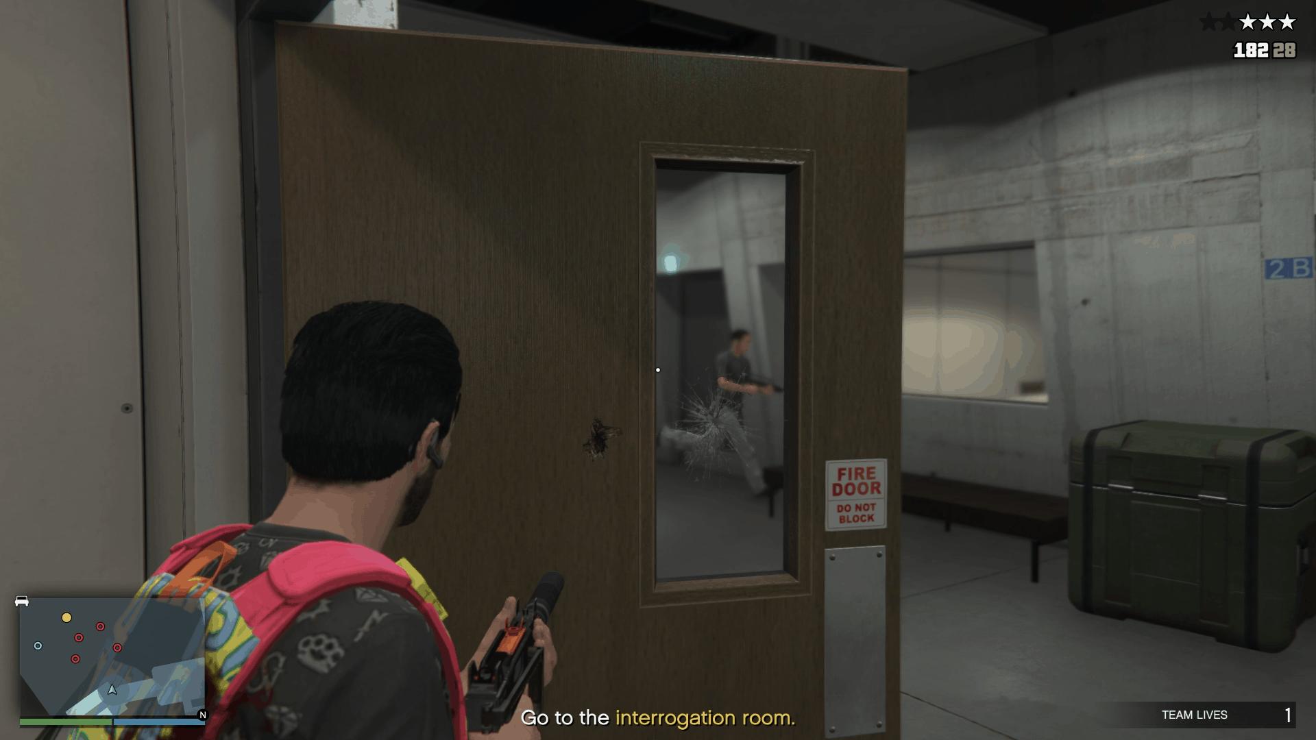 Using the door as cover at the top of the stairs