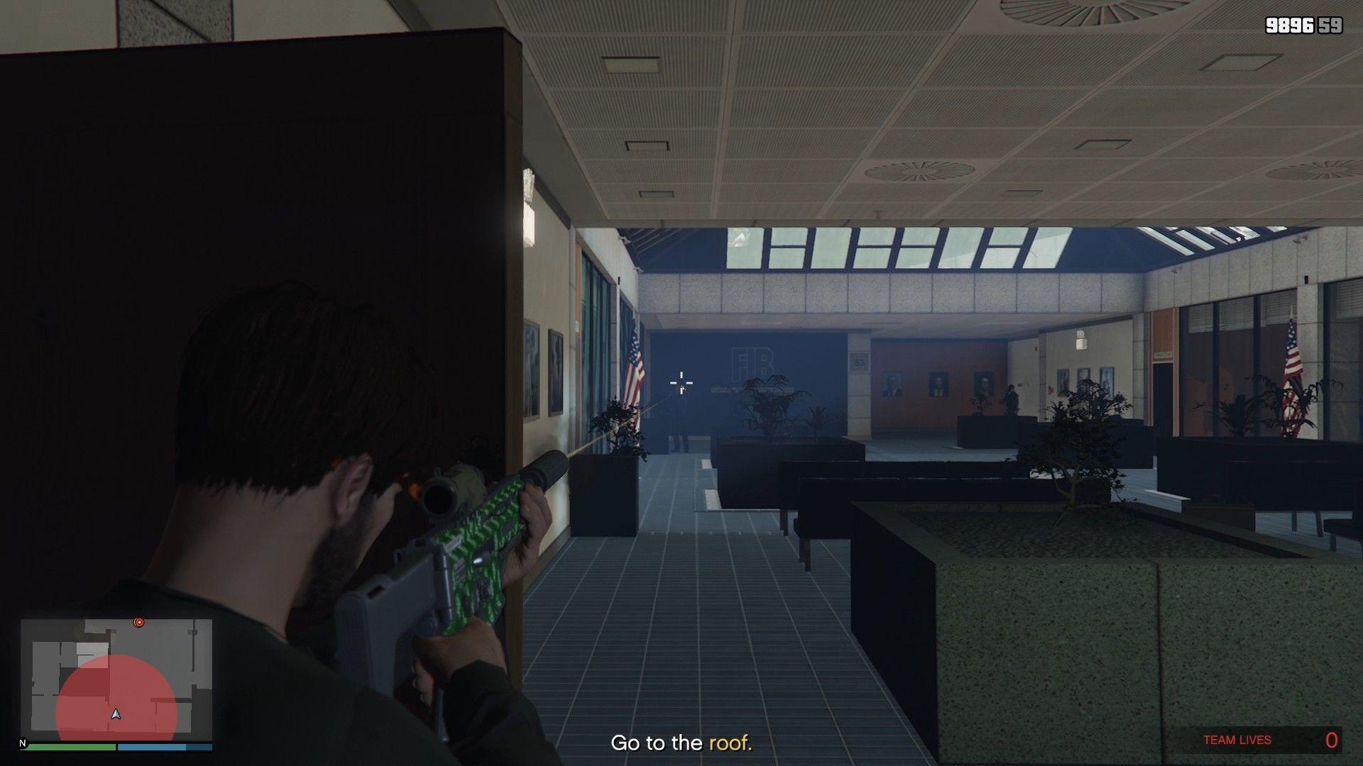 Using the door as cover to take out the FIB agents.