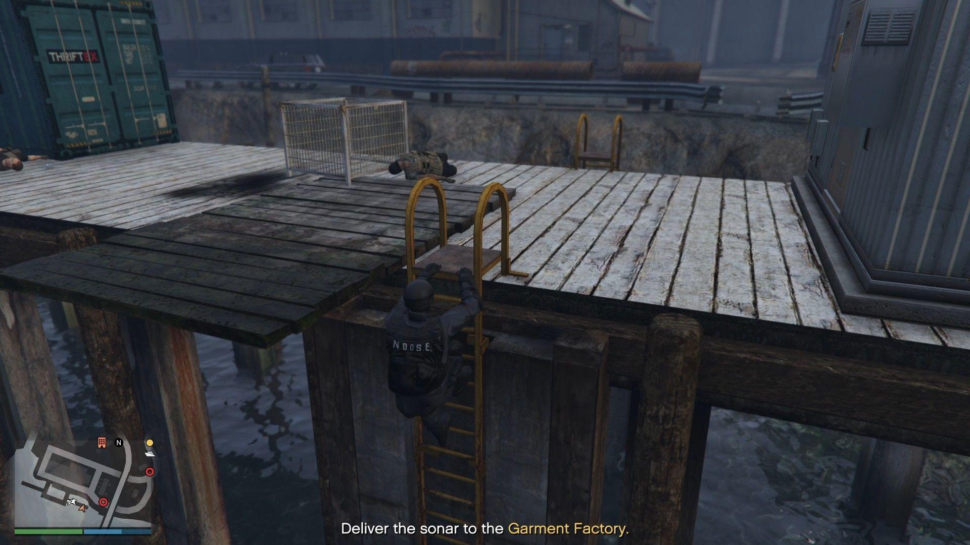 Ladder to get back on the docks by the tugboat.