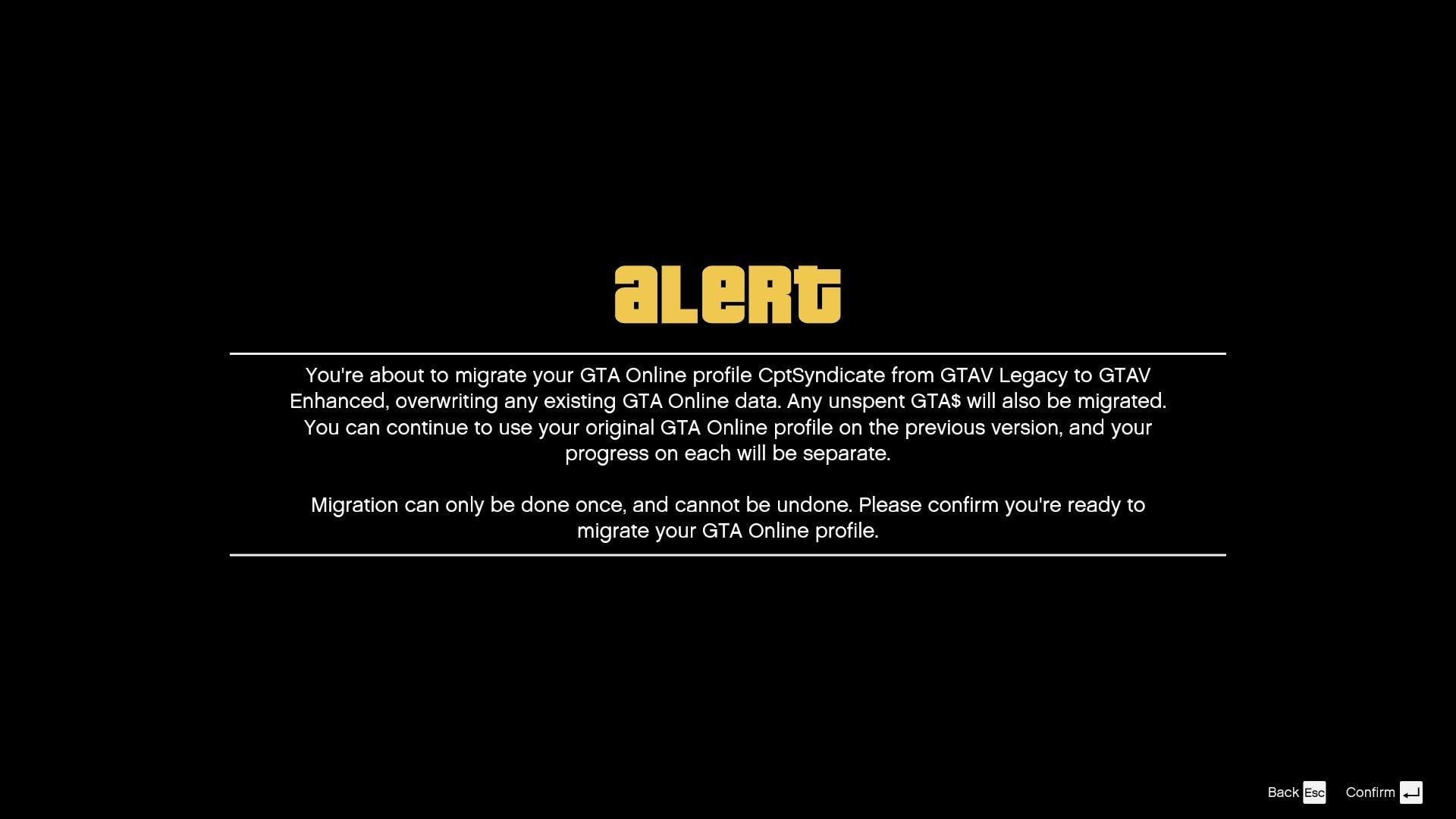 GTA Online Enhanced Migration Alert Screen.