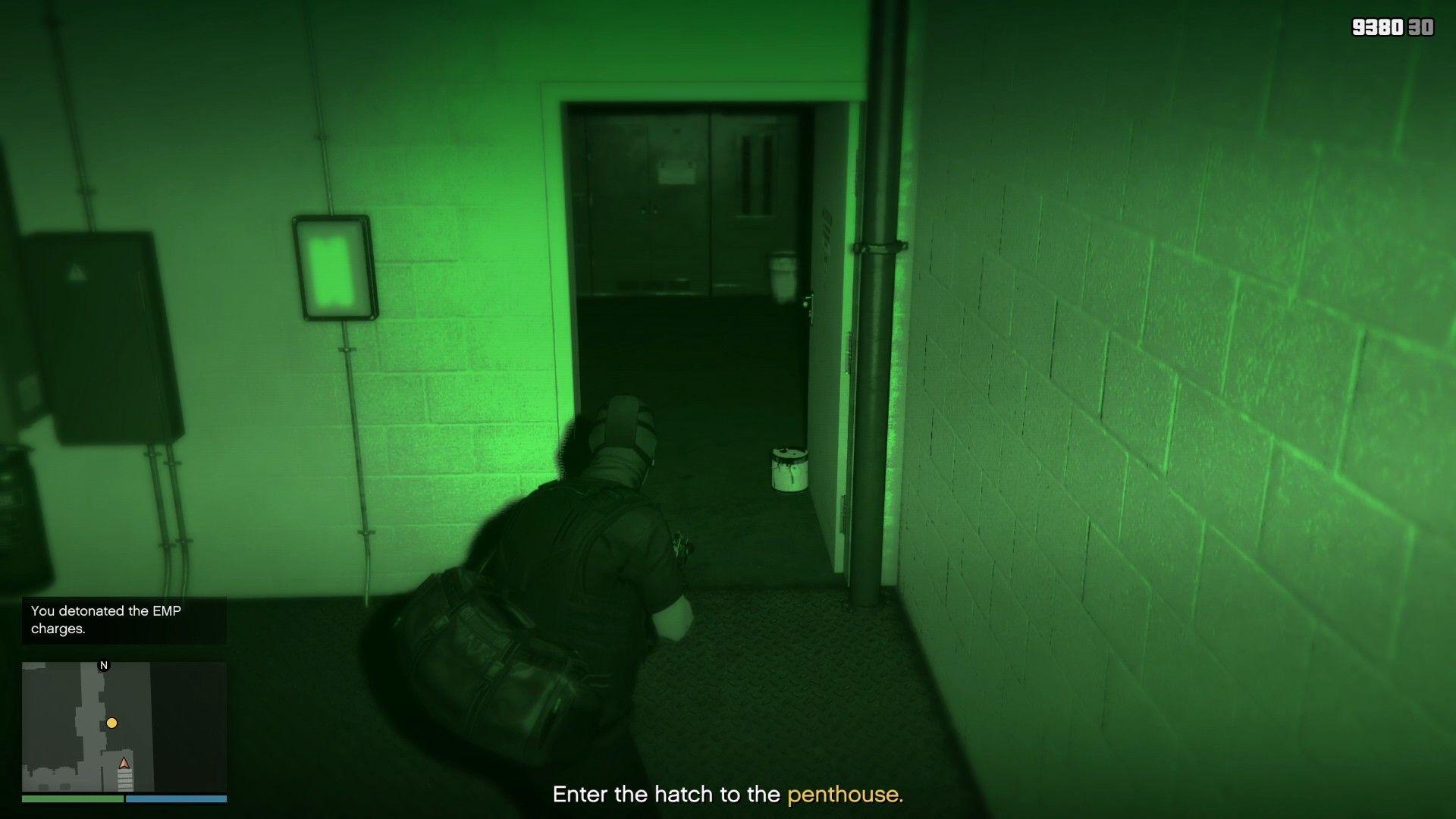 Night vision goggles activated after detonating the EMP charges.