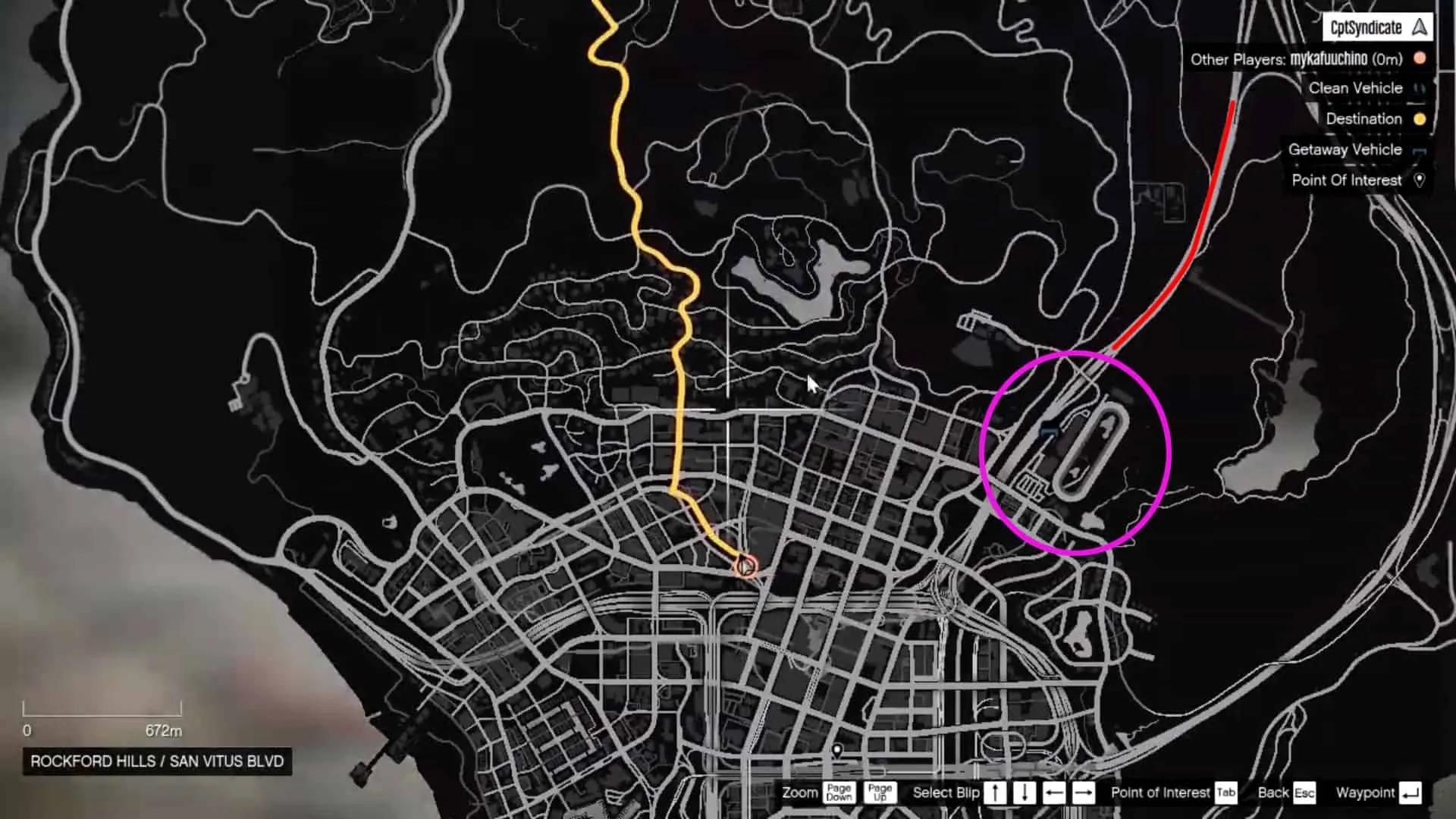 The purple circle shows the area where the casino is. The red path is the highway which leads to high level buyers. DO NOT TAKE THAT PATH or else you will get 5 star wanted level again.