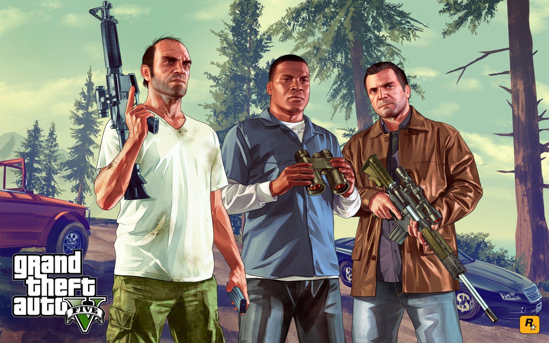 Official promotional artwork showing all three protagonists of GTA V.