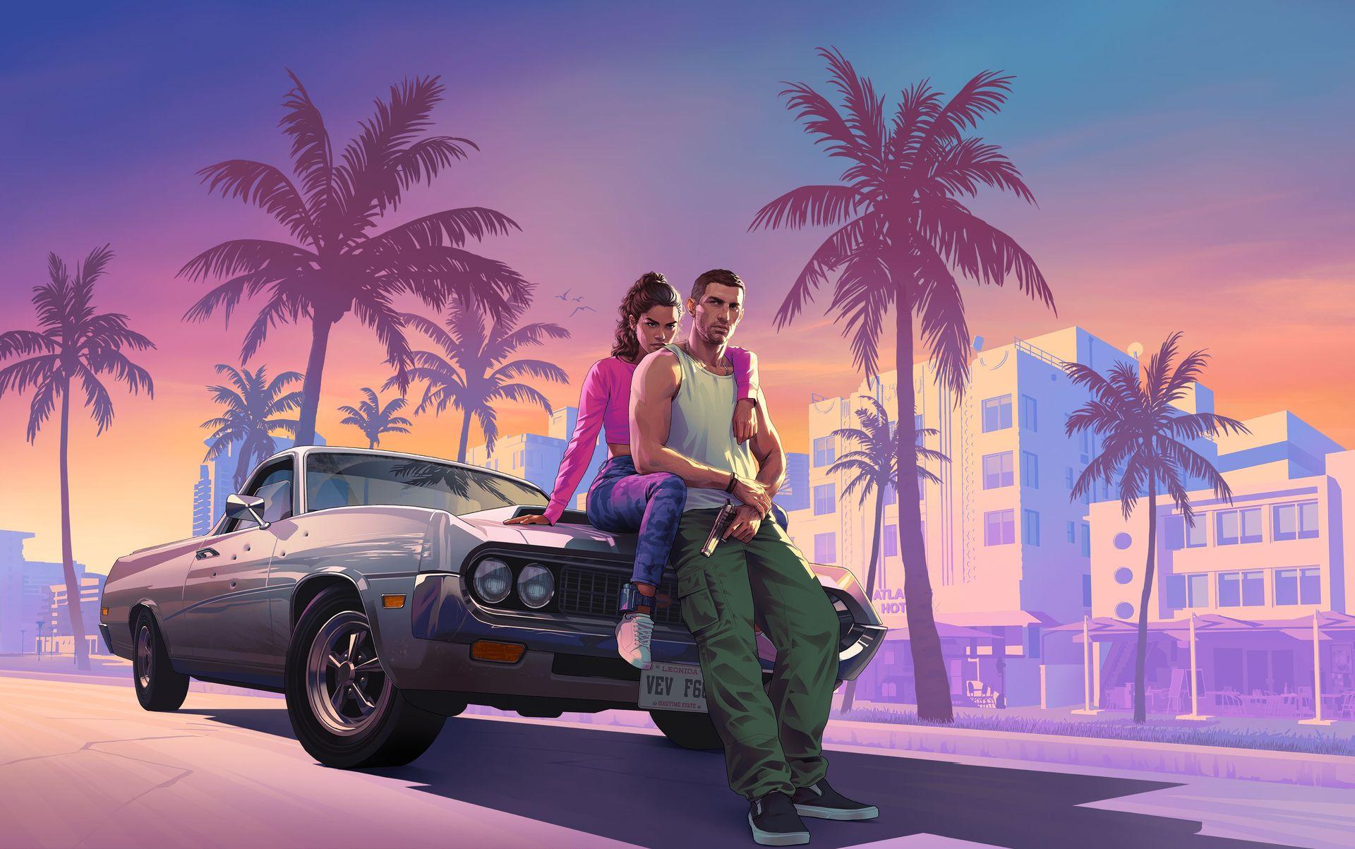 Jason & Lucia on the hood of the Vapid Creado as seen in the official artwork.