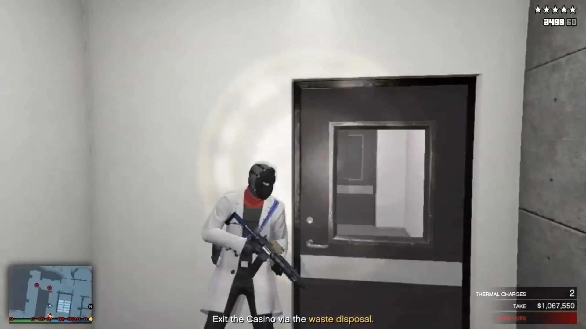 Taking cover before going through the first of the two doors