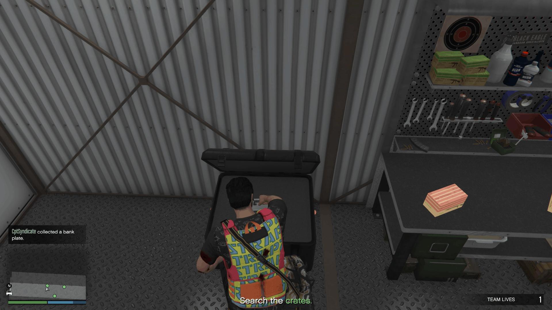 Stealing the bank plates from one of the four crates