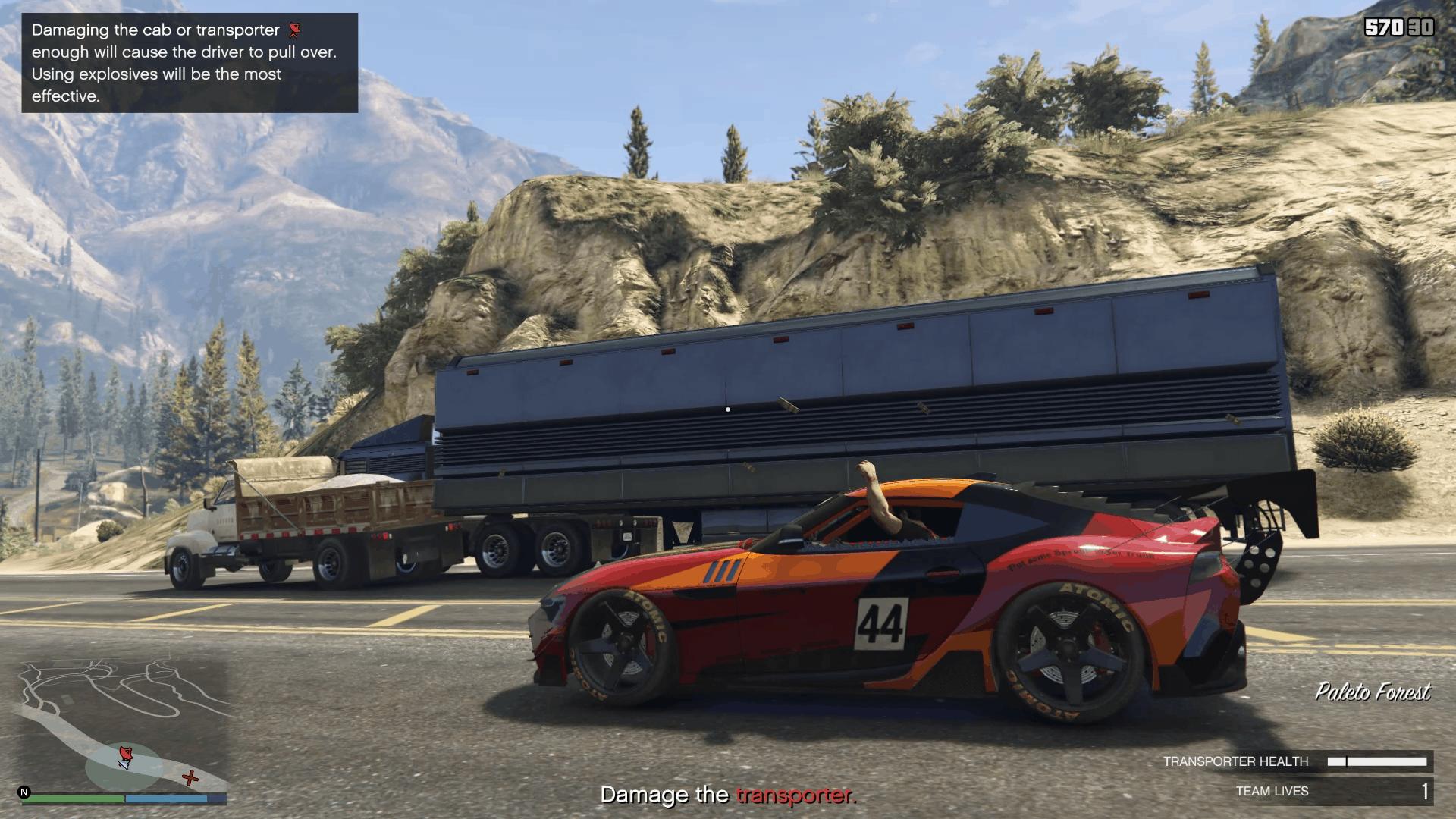 Throwing sticky bombs on the transporter