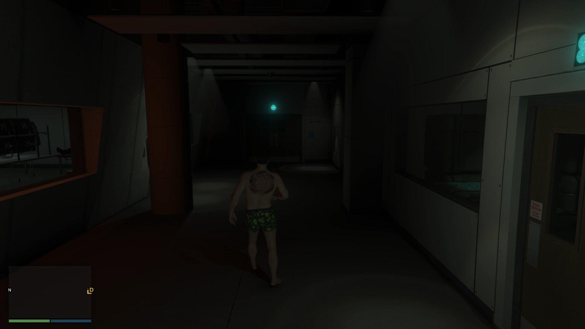 "Globe" logo room with the operating table where you wake up after you get abducted.