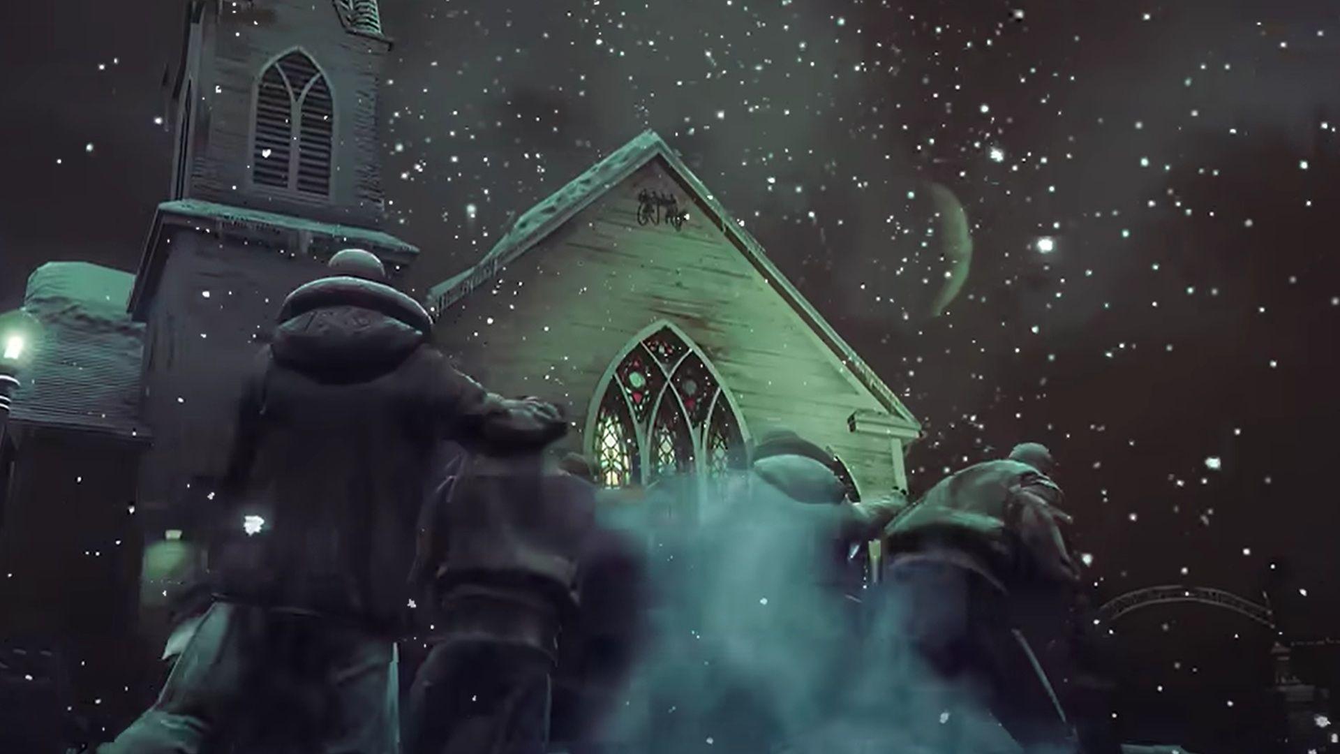 Players fend off undead waves in the snow-swept Ludendorff graveyard in North Yankton.