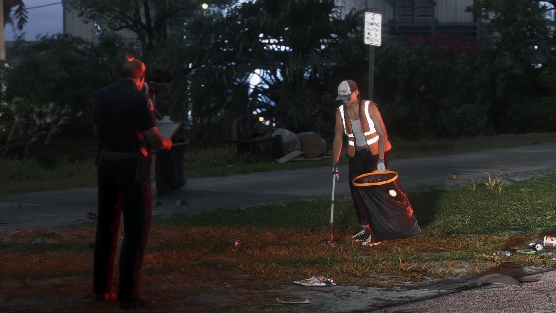 Lucia performing community service under the supervision of patrol officers from the Leonida Department of Corrections.