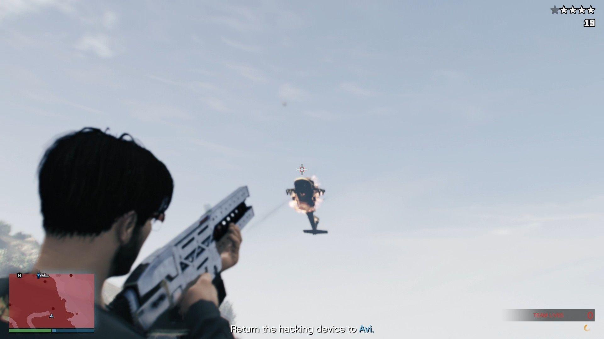 Destroying the enemy chopper with a single railgun shot.