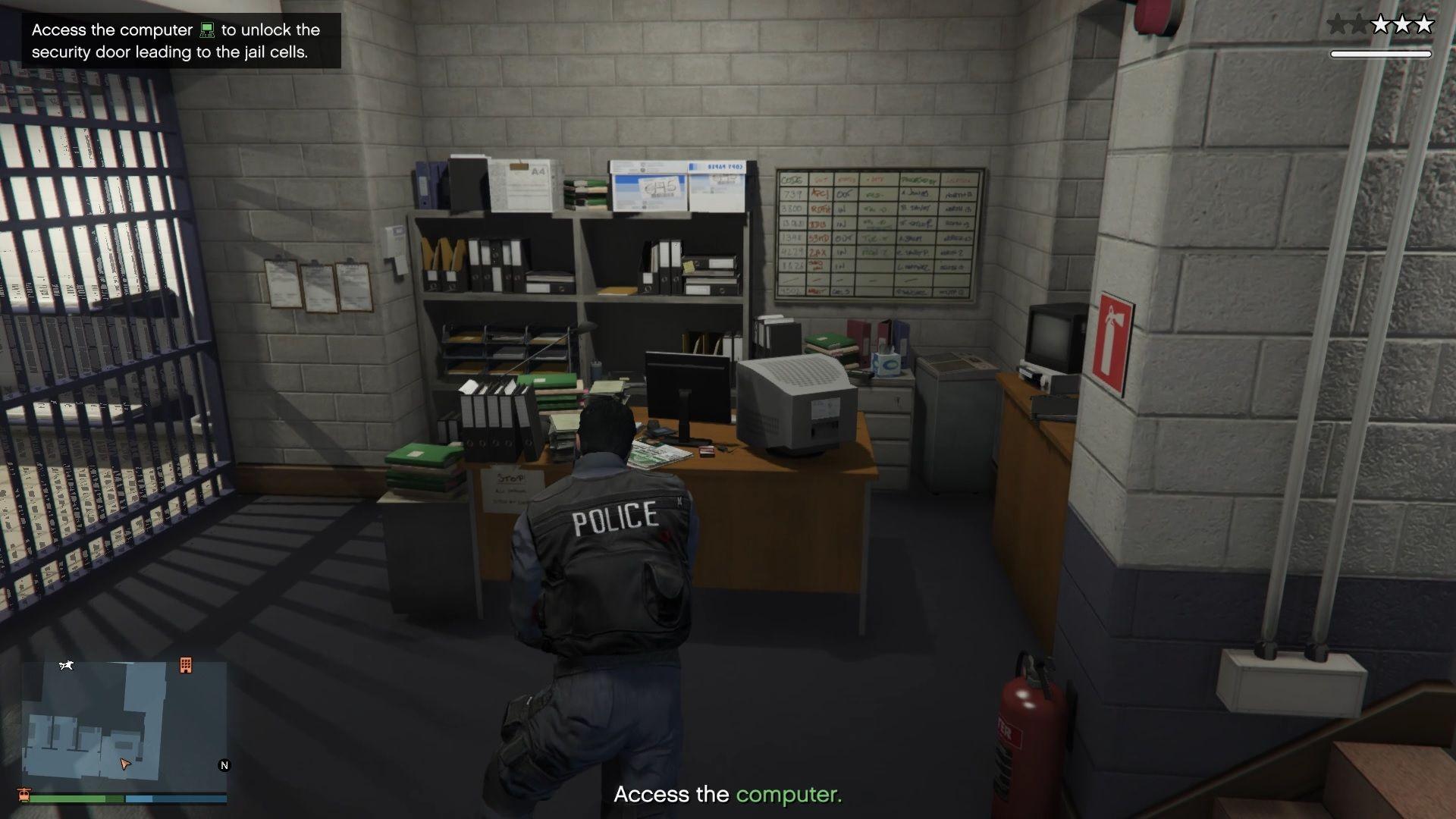 Hack the computer to unlock the security door leading to the jail cells.