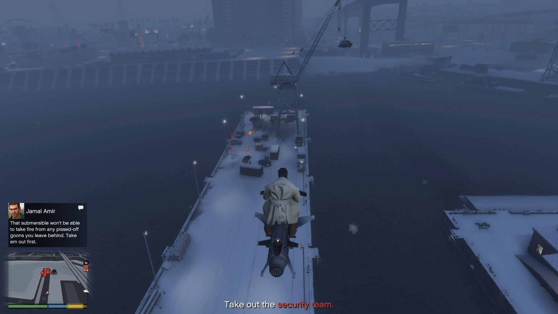 It is best to take out the security team before you go for the submersible.