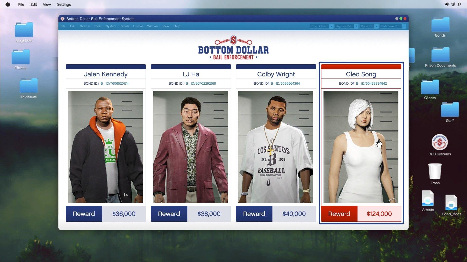 The computer screen showing all the available bounties.