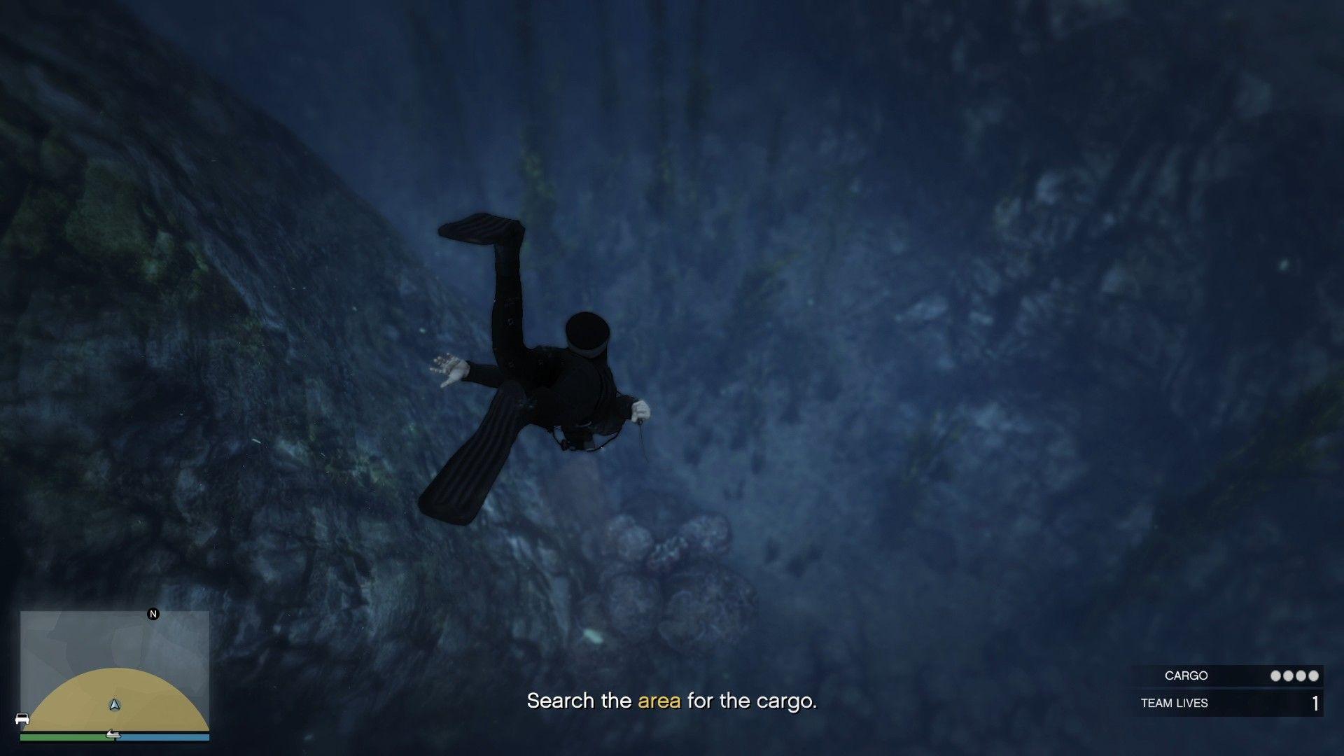 Swimming to the northern seabed area of the yellow highlighted zone.