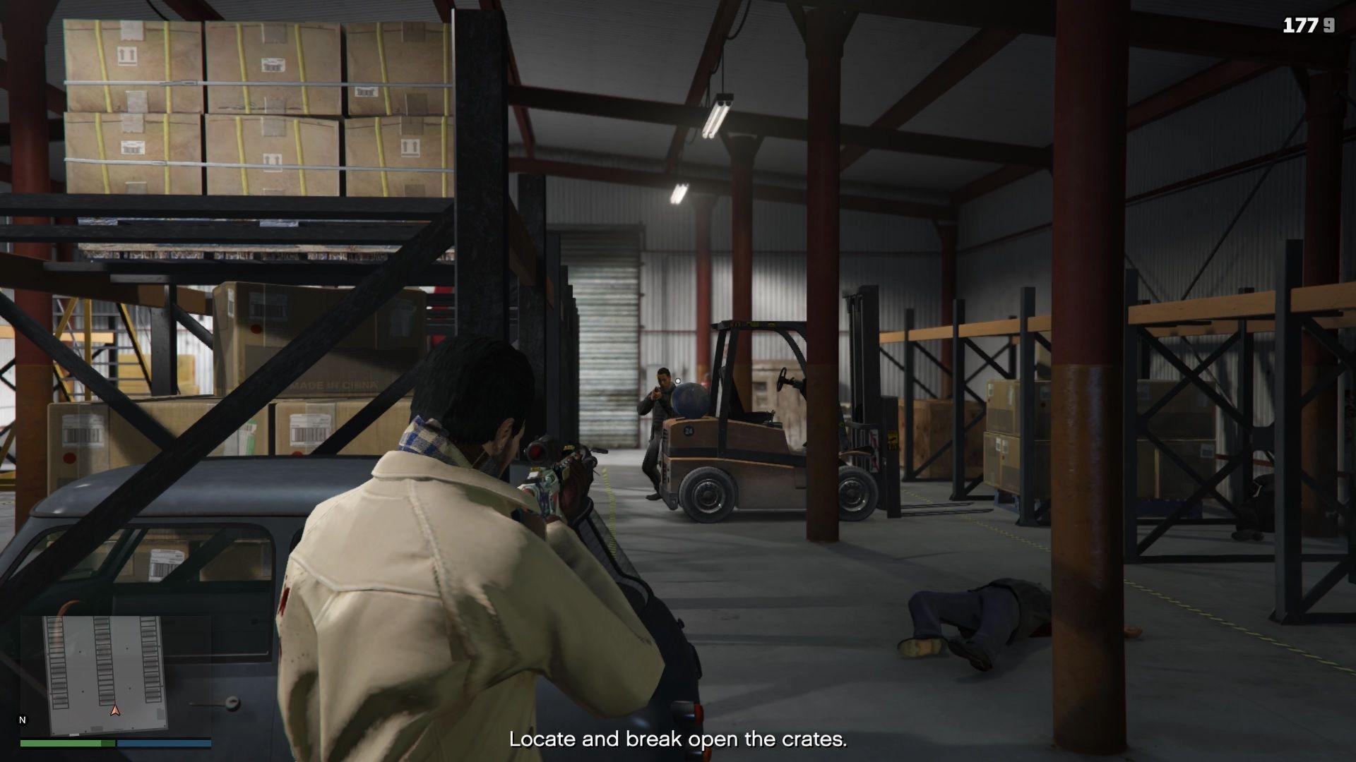 Taking out the guards inside the warehouse.