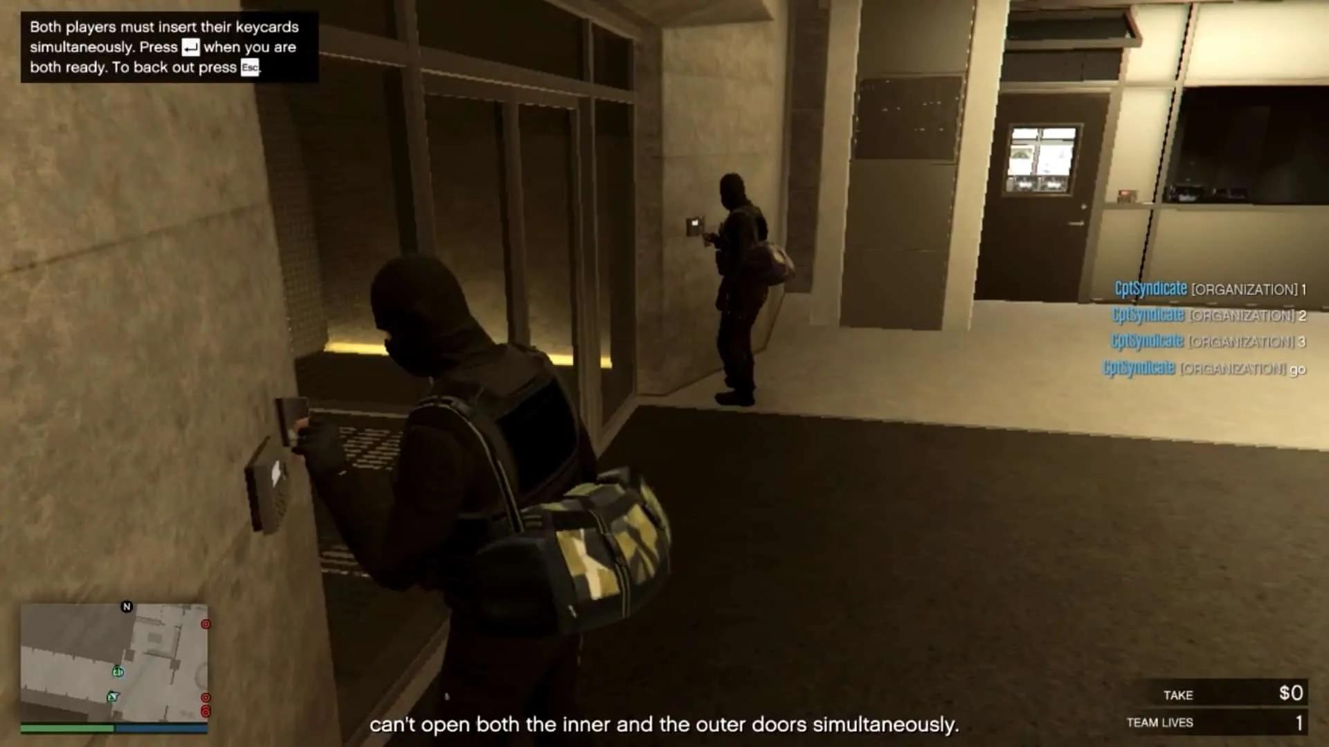Using vault keycards simultaneously to open the door to the mantrap