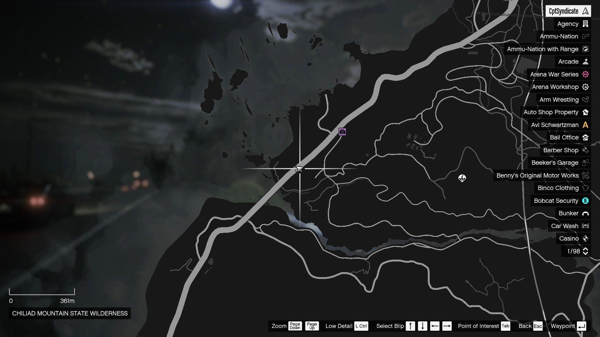 The map shows the location of the golden clover found at the Blaine County/Paleto Bay highway sign in Chiliad Mountain State Wilderness.