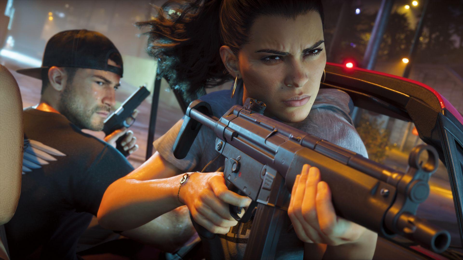 Lucia aims a rifle from a vehicle window, with Jason visible behind her.