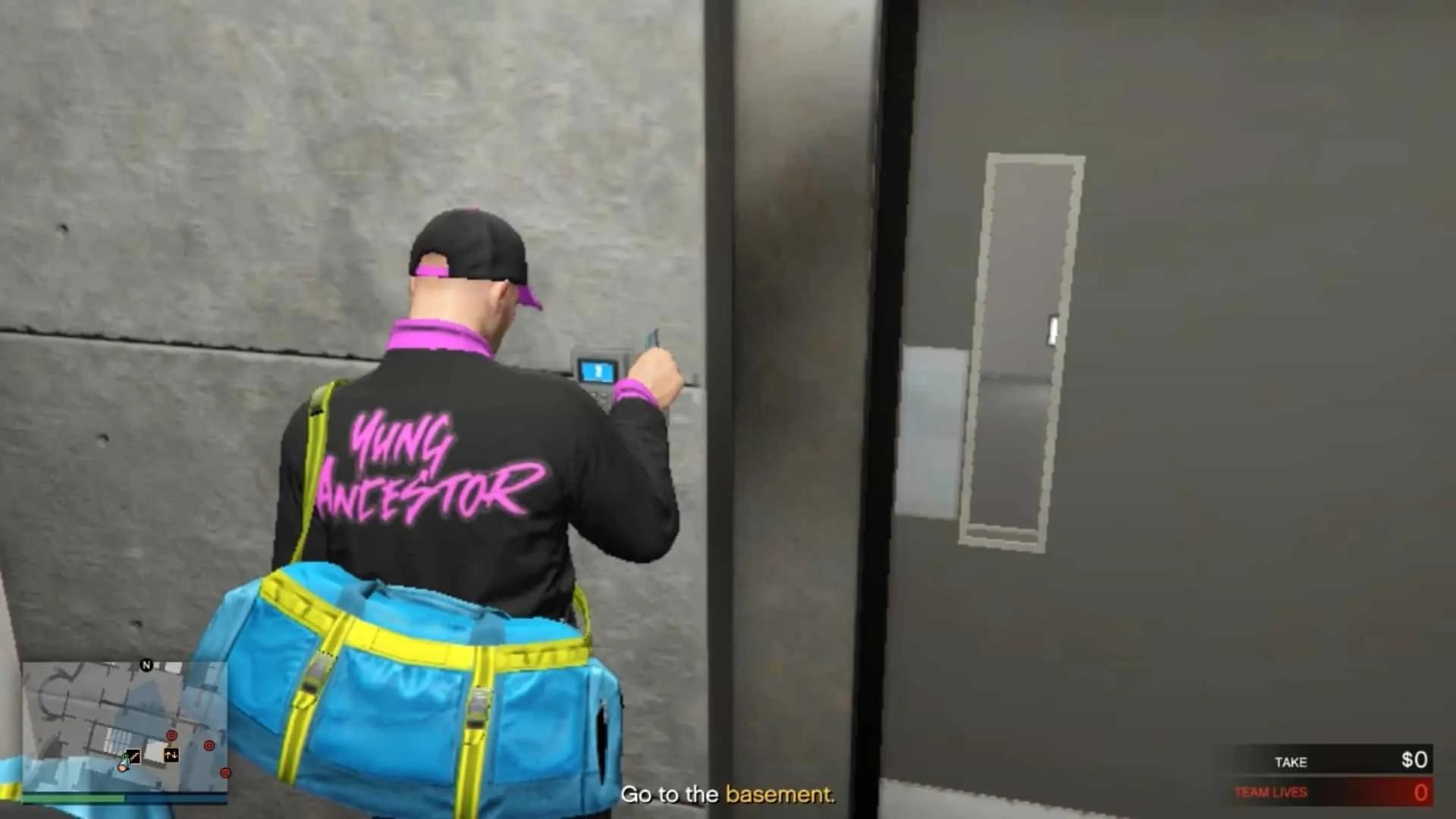 Swiping the keycard on the keypad door leading to the stairs