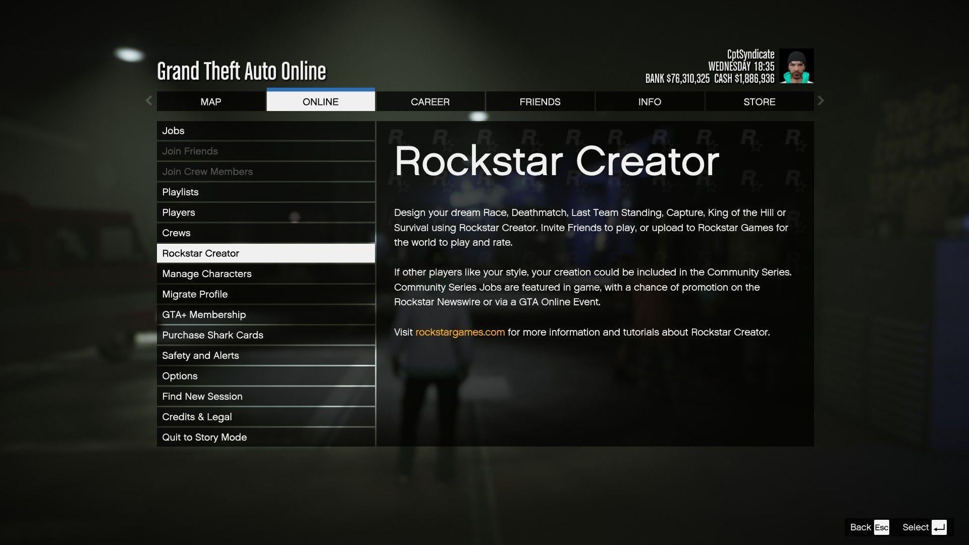 Rockstar Creator option selected, as seen in the Online tab of the Pause Menu.