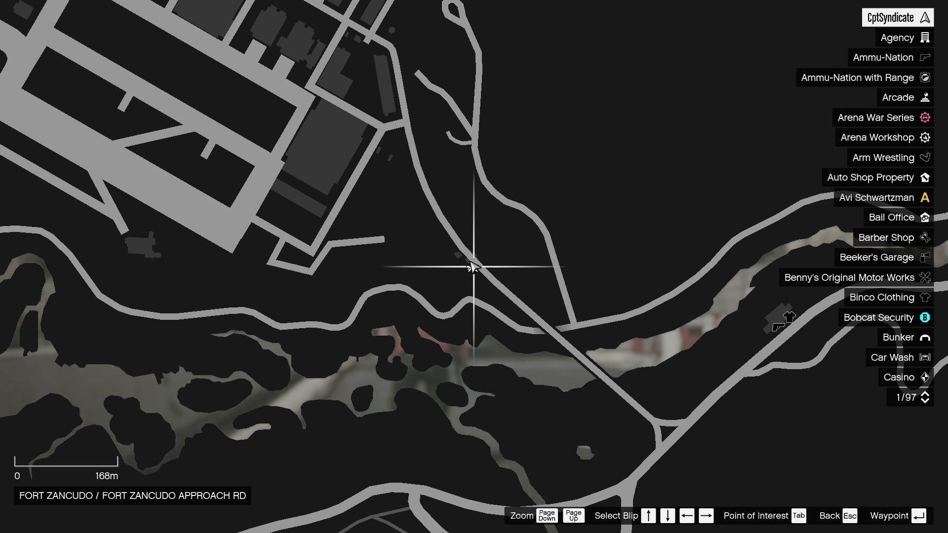 The map shows the location of the lucky clover at the entrance of Fort Zancudo.