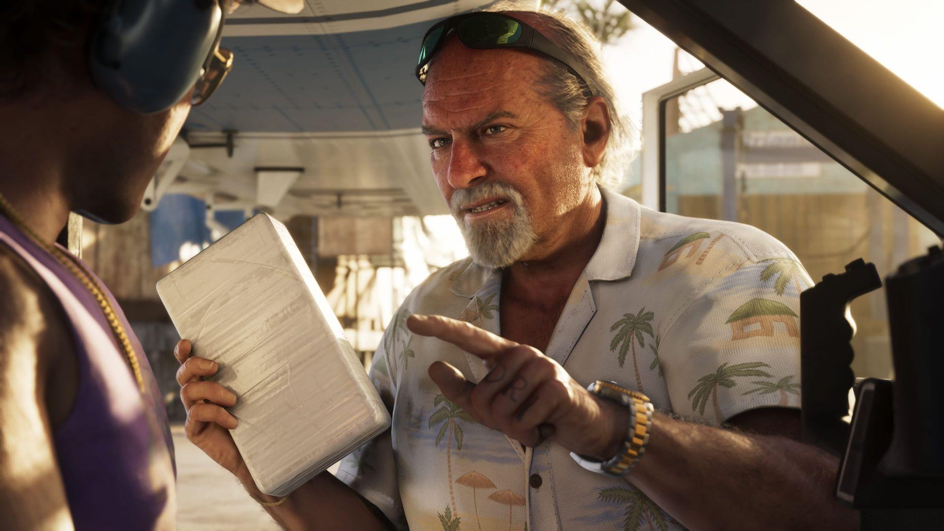 Brian talking to an unnamed character while holding a bag of unidentified material.